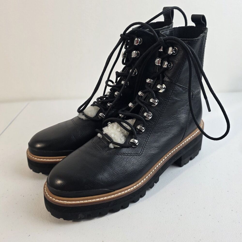 Marc Fisher Women's Ankle Black Leather  Boots Sheep Fur Size 7 EUC Combat Boot